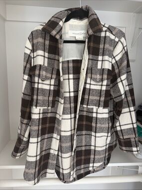 Treasure & Bond Brown and Cream Plaid Button Shacket